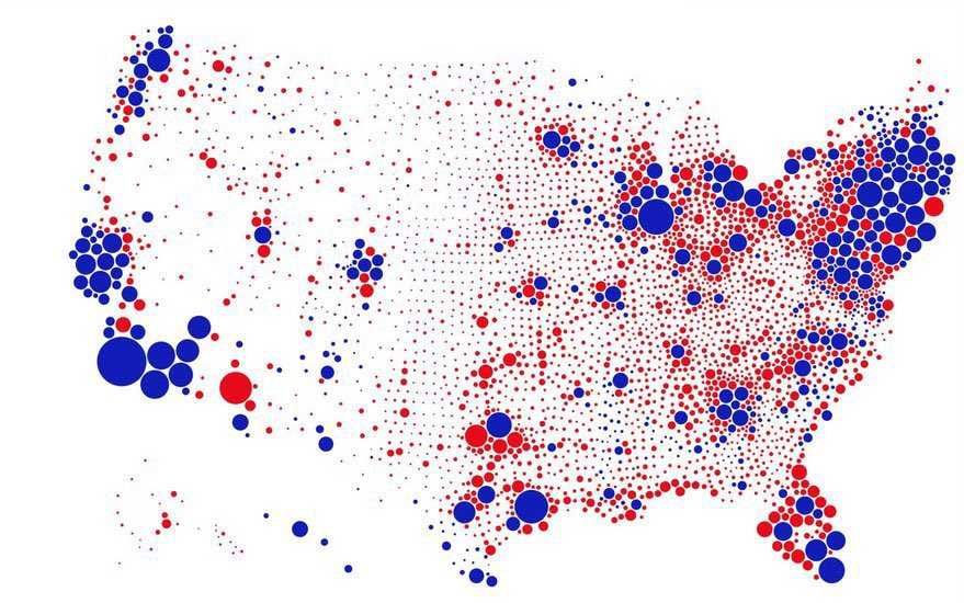 So these two maps are quite complementary. The state map is biased towards the red, the county map is better at showing populations, but by using a binary (all red or all blue) representation, and by diluting red dots, it biases blue. /10