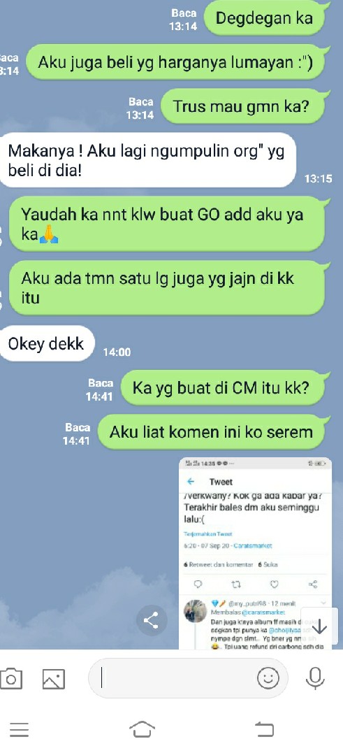 Berawal dari ka  @choijiiyaa tanya di go jajan. Apa ada yg jajan di  @verkwany . Trus gua pc ka choijiya. Coba liat chatan nya di pict. Liat tgl nya 7 September 2020. Feeling ka choijia yg berpikir klw ka fenny beli di orang lain terbukti setelah ada investigasi yg di lakukan.