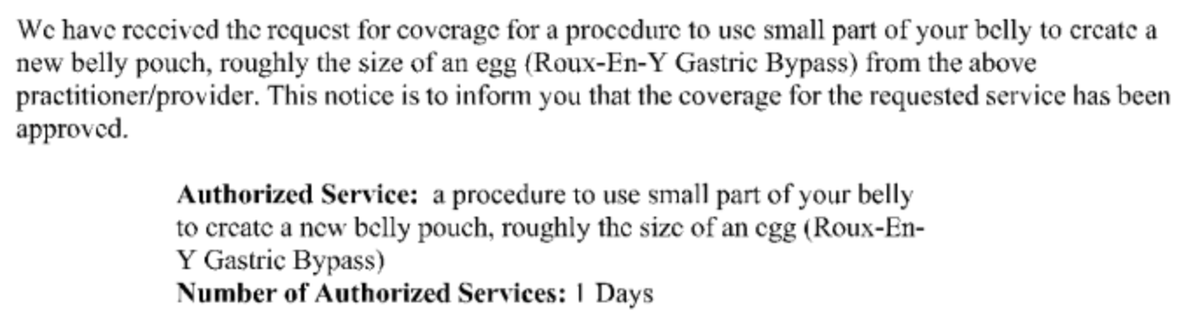 In today's category of #youcantmakethisshitup 
This is from an actual #bariatricsurgery approval. 
Maybe, just maybe this insurer needs a wee bit of education on CPT codes and bariatric procedures. 🤦‍♀️🤔
<a href="/jdscottmd/">John David Scott MD</a> <a href="/NeilFlochMD/">Neil Floch MD</a> <a href="/PSchauerMD/">Philip Schauer, MD</a> <a href="/ASMBS/">ASMBS</a> <a href="/JaimePonceMD/">Jaime Ponce MD</a>