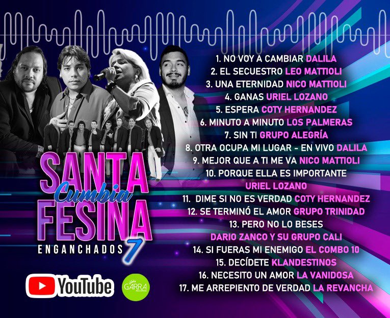 GarraRecords's tweet photo. Sábado a pura Cumbia con nuestro nueva enganchado Cumbia Santafesina 7 ¡No te lo pierdas!💃🕺
▶️Estreno 19 hs en nuestro canal de YouTube

#LeoMattioli #NicoMattioli #dalila #lospalmeras #Jambao #UrielLozano https://t.co/fgpHUC09iS