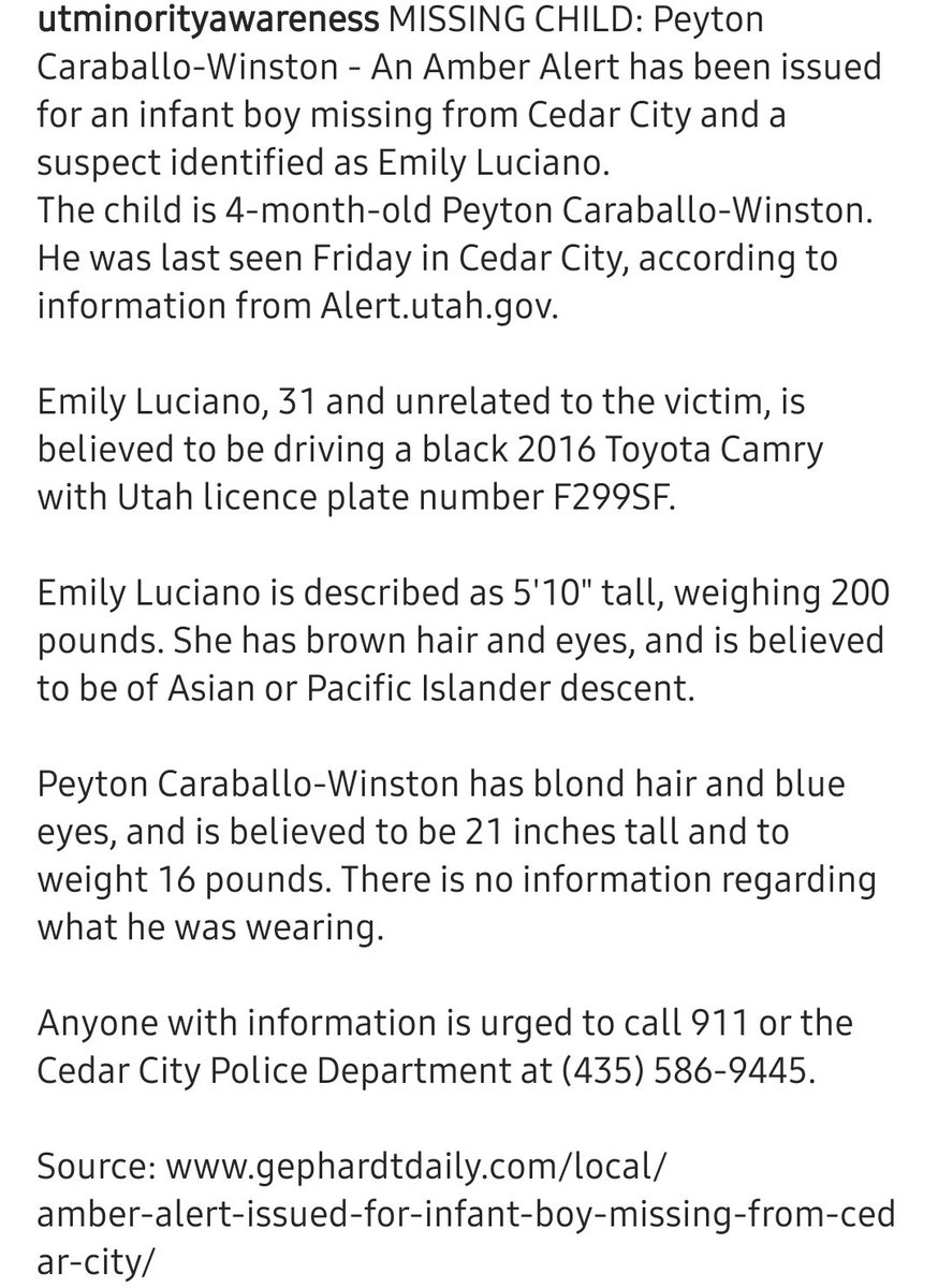 🚨AMBER ALERT - PLEASE BLAST THIS! 4-MONTH-OLD PEYTON CARABALLO-WINSTON WAS ABDUCTED BY A SUSPECT NAMED EMILY LUCIANO ON 11/6/2020 IN CEDAR CITY, UT🚨 #amberalert #cedarcityutah #missinginfant #abducted #abduction #knowledgeispower #missingandexploitedchildren