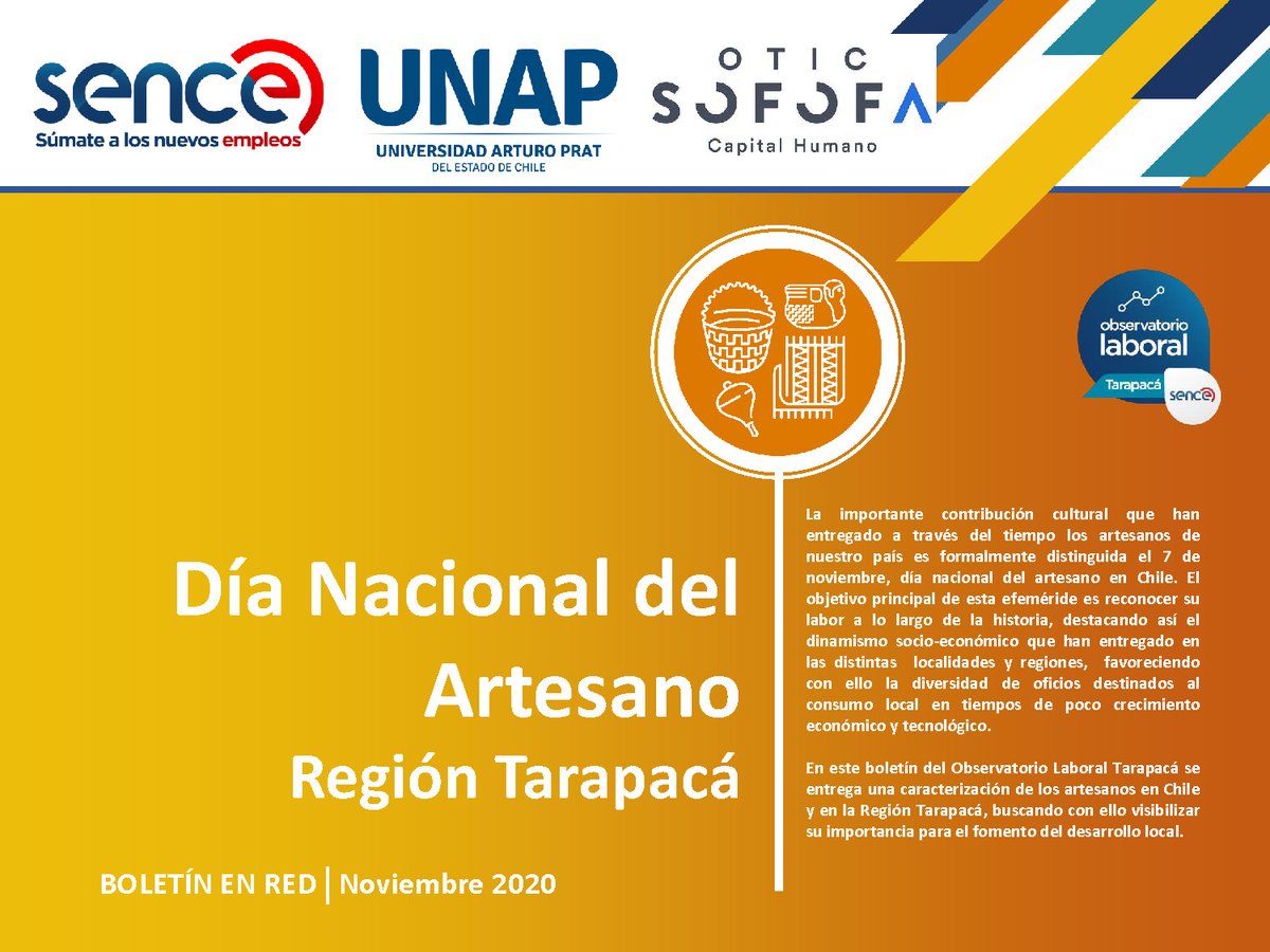 OLTarapaca's tweet photo. Como Observatorio Laboral celebramos el día de los artesanos y las artesanas poniendo a disposición del público el presente boletín.
#sencetarapaca #unapcl #oticsofofa #tarapaca @Tamarugalgob 
Enlace: https://t.co/T5p1TmsT6L https://t.co/n4GqDiOkrk