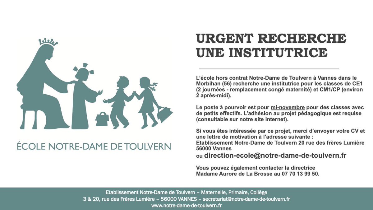 NDdeToulvern's tweet photo. l'Etablissement Notre-Dame de Toulvern (@NDdeToulvern) à Vannes recherche une institutrice et c'est Urgent 
Merci pour votre relais et vos candidatures ! https://t.co/tDCbK1qrMs