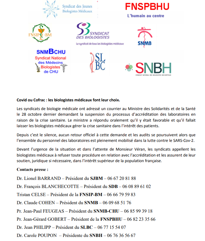 Covid ou Cofrac ⁉️:  en absence de réponse <a href="/olivierveran/">Olivier Véran</a> et dans l’intérêt supérieur de la population française, les syndicats assurent de leur soutien, juridique si nécessaire, les laboratoires qui refusent toute procédure en relation avec l’accréditation.