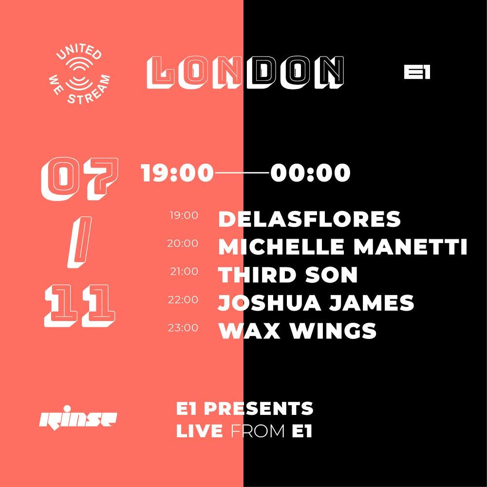 Up next from 7PM we have 
E1 Presents LIVE from #E1

Featuring mixes from #DelasFlores <a href="/MAnnikManetti/">Michelle Manetti</a> <a href="/Third_Son_Music/">thirdson🌐</a> <a href="/DJJoshuaJames/">Joshua James</a> &amp; <a href="/iamwaxwings/">Wax Wings</a> 

Be sure to lock in at rinse.fm/player &amp; 106.8FM

#UnitedWeStream London
#RinseFM