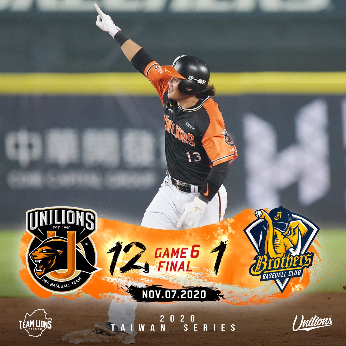 #TaiwanSeries G6 Final:  #UniLions 12, CTBC Brothers 1 
WP: #TimMelville <a href="/Timelville/">Tim Melville 猛威爾</a>
GWRBI: #PanWuHsiung
MVP: <a href="/Timelville/">Tim Melville 猛威爾</a>
<a href="/CPBL/">CPBL 中華職棒</a> <a href="/UniLionsIntl/">Uni Lions International</a> 
#CPBL #TaiwanBaseball