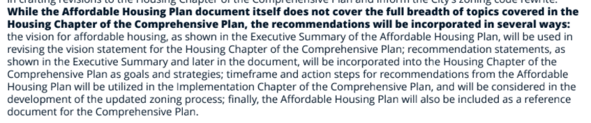 There's a change here. This will not serve as the Housing Chapter of the Comprehensive Plan, instead serving as a reference document for the final plan, with various parts planned to be incorporated into the final doc.