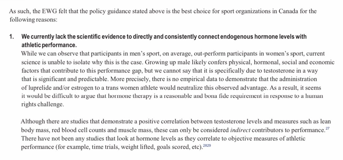 From the working group document: ‘Growing up male likely confers physical, hormonal, social and economic factors that contribute to this performance gap, but we cannot say that it is specifically due to testosterone in a waythat is significant and predictable.’