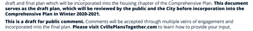 Good note that this is not the final doc and people are encouraged to reach out to  @CvillePlans at  https://cvilleplanstogether.com/contact-us/&nbsp; with comments and suggestions but this winter is the rough deadline