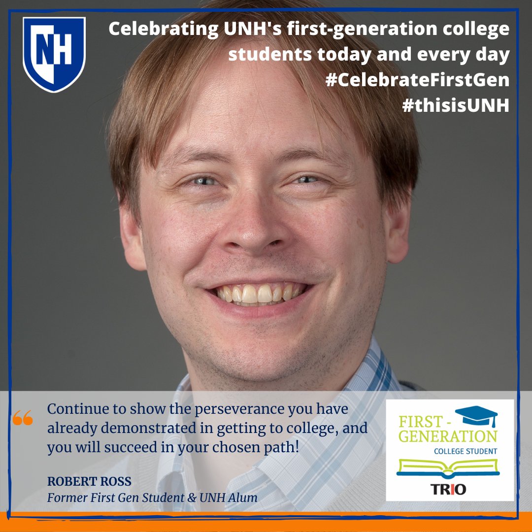CFARUNH's tweet photo. This weekend, we are celebrating first-generation college students. Meet Robert Ross, former first gen student at UNH! #CelebrateFirstGen #thisisUNH #TRIOworks https://t.co/rb9QHKNgXx