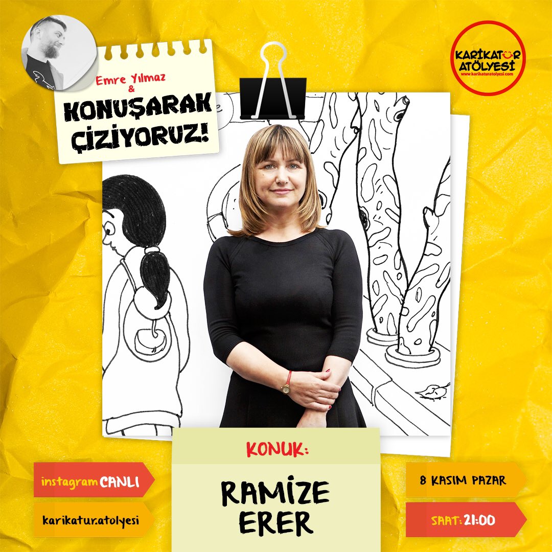 Bu hafta instagram canlı yayın konuğumuz Karikatürist Ramize Erer. Gırgır, Hıbır ve Leman gibi dergilerde çizen Erer yayın hayatına devam eden Bayan Yanı dergisinin de kurucularından. “Konuşarak Çiziyoruz” canlı yayınımız 23. bölümü ile 8 Kasım Pazar Saat: 21:00’de.