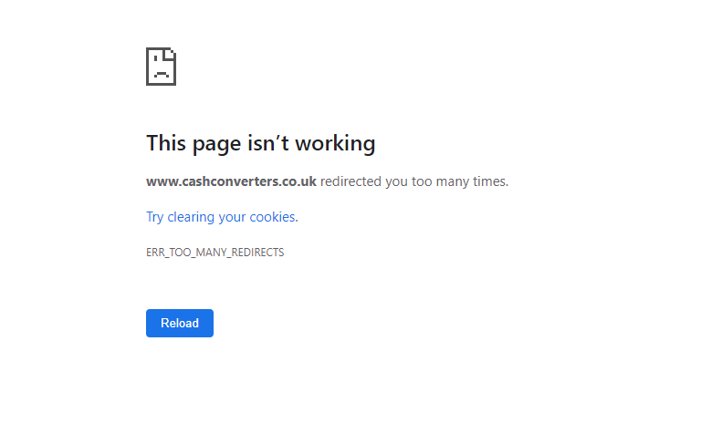 SocialBoost10's tweet photo. @cash_converters Hi, I've been having an issue with your website over the past week or so. Tried on all browsers on different computers, but always met with the same error message (see image). I have received a faulty item and need to get it refunded, please. Can anyone help? https://t.co/tGQMwezuc3