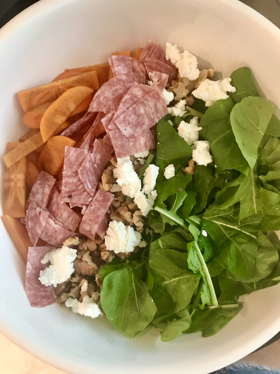 Do you like persimmons? This salad with arugula from our garden, salami, goat cheese, and toasted walnuts was a great way to enjoy them. #persimmons #arugula #growyourownfood #81poppieseats #fallsalad