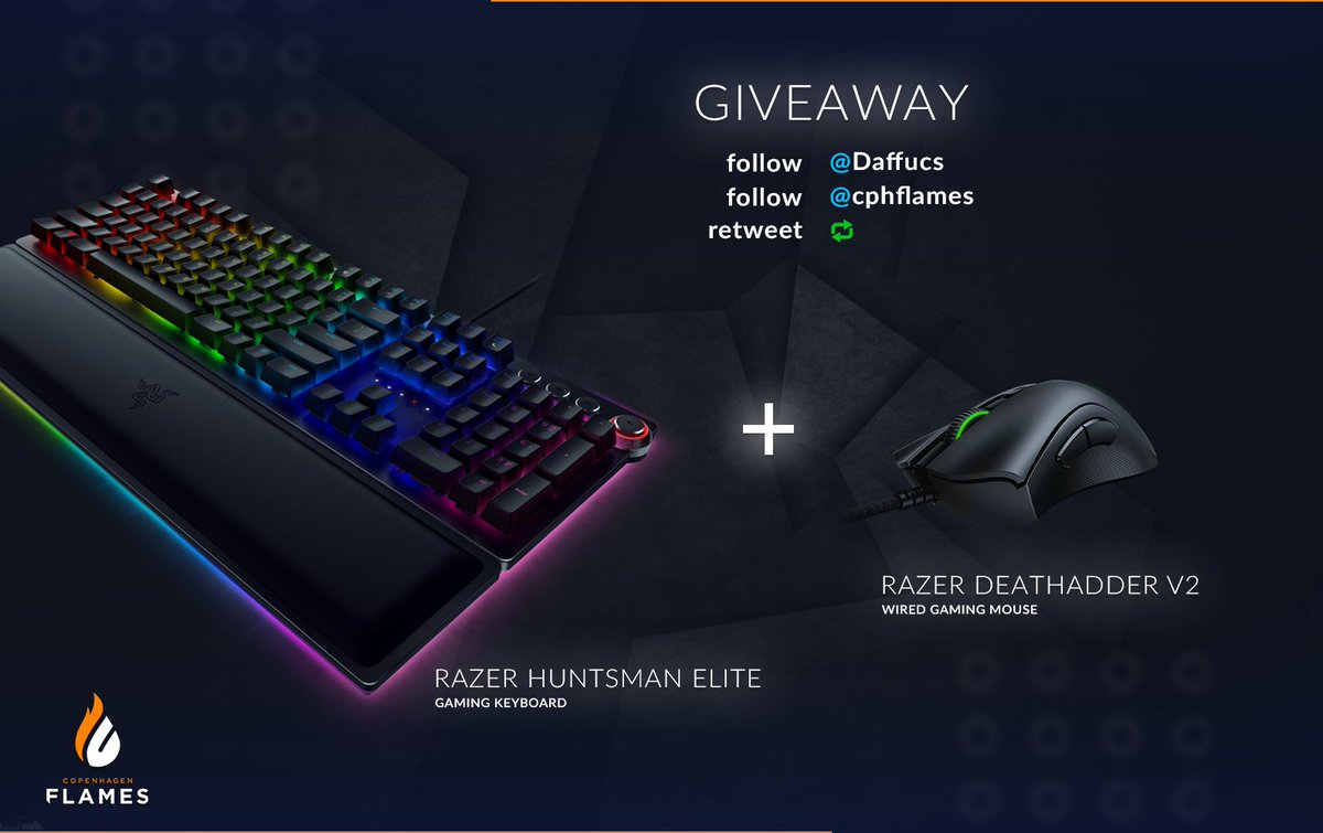 Daffucs's tweet image. Flames has sponsored a giveaway for me! You can win a @razer Huntsman Elite keyboard and a Deathadder V2 🔥

All you need to do is:
Retweet
Follow me and @cphflames

I&apos;ll pick a winner on Thursday 12/11.
#TeamRazer