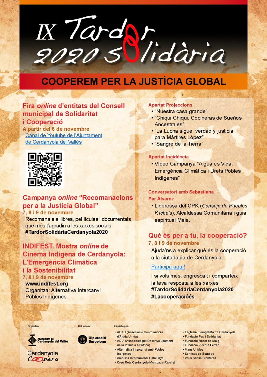 Cerdanyola's tweet photo. 📣 Descobreix la cooperació a #Cerdanyola❗️
👉 En l'edició d'enguany de la Tardor Solidària, amb el lema 'Cooperem per la justícia global' volem presentar-te les entitats que formen part del Consell Municipal de Solidaritat i Cooperació
🎥 Accedeix a https://t.co/zMXjhs38ww https://t.co/GIngF6zHBF