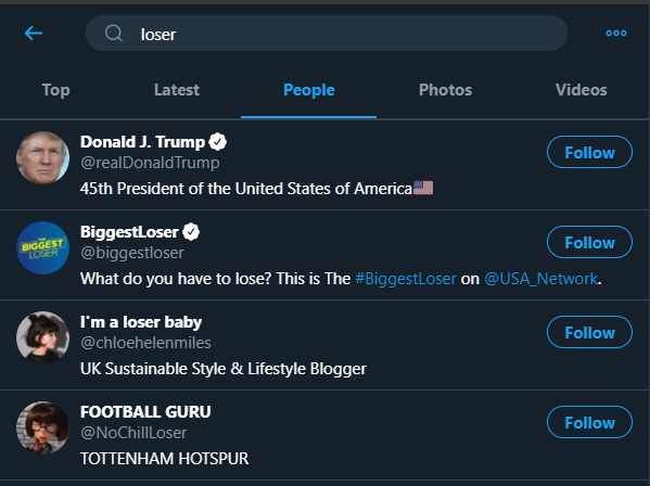 AnondranCrypto's tweet photo. lmao when you type "loser" in the search bar it shows up Trump. https://t.co/epF74GS3JO