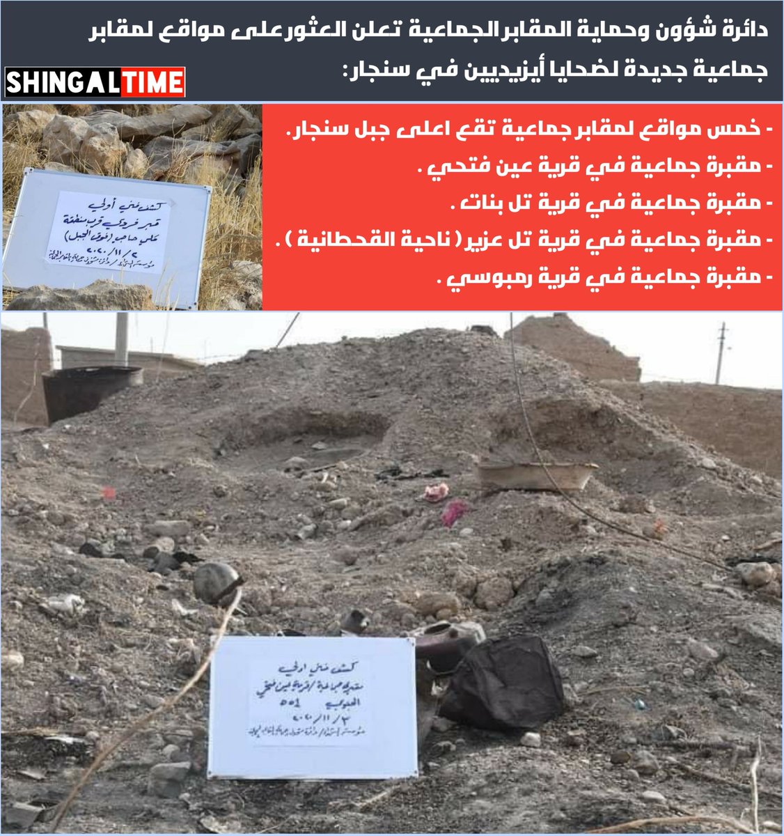 shingaltime's tweet photo. دائرة شؤون وحماية المقابر الجماعية تعلن العثور على مواقع لمقابر جماعية جديدة لضحايا أيزيديين في سنجار https://t.co/gjC6CVTreE