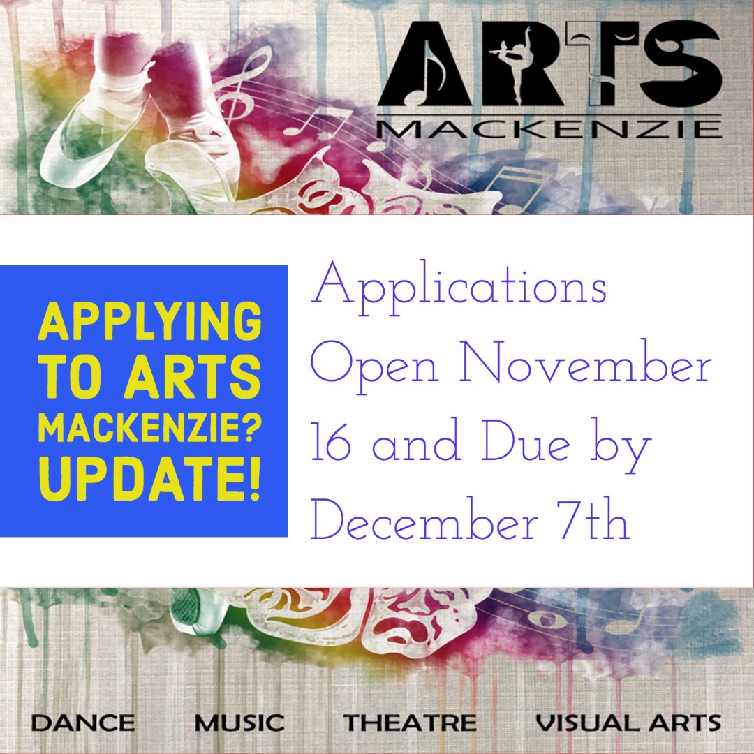 AMHSPA's tweet image. Application update for students interested in applying for Arts Mackenzie September 2021 start.  Link to application to be posted on November 16th.  All applications due by December 7th.  See artsmackenzie.com for link to Info Night to learn more about the program.