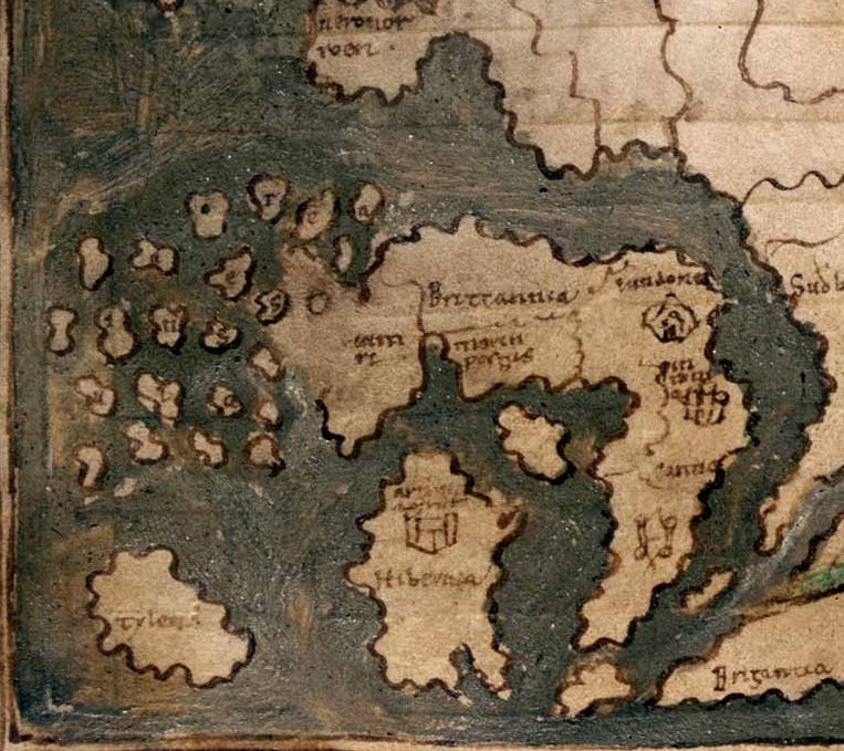 Detail from the Anglo-Saxon world map in Cotton MS Tiberius B V/1, dated c. 1025–50, probably drawn at Canterbury and derived from a Roman original; it shows an exaggerated Cornish peninsula with two ?fighting figures on it:  https://www.bl.uk/collection-items/anglo-saxon-world-map