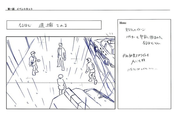 early storyboards for the AA1 first trial. this is when Phoenix's originally a private eye but become an attorney bc his DA (Mr. Payne, yes he was a DA in the original) was useless.source :  http://www.capcom-unity.com.br/2014/09/12/the-early-days-of-ace-attorney/ (Janet Hsu wrote articles, you can read more there)