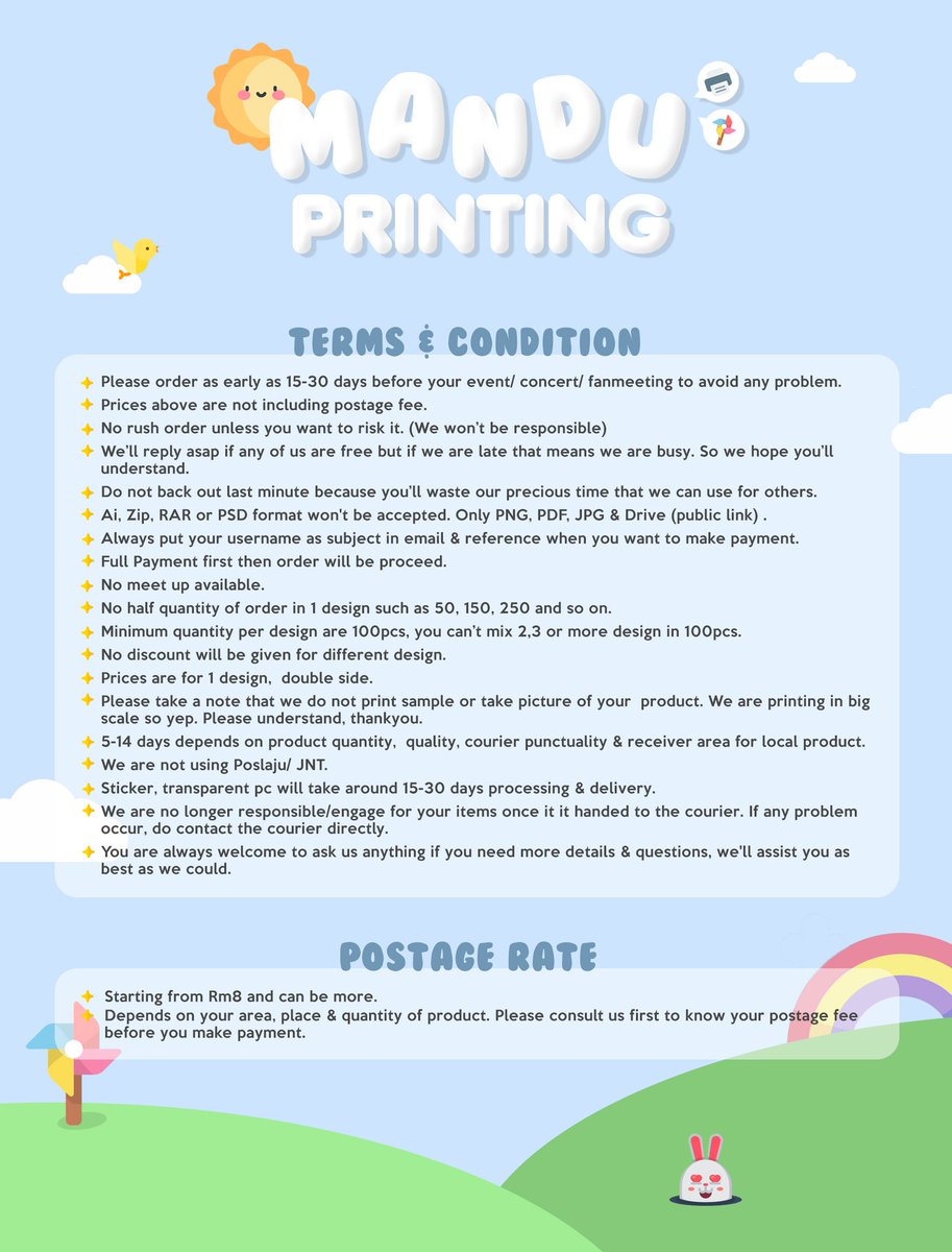 manduprinting's tweet photo. Hello Mandudans 🥰
Our printing pricing, services, sizing &amp; details that you need/ want to know. 
Do Dm us to place your order &amp; for more info on pricing.

Thankyou for supporting us, mandu team.

We’ll try our best to give you the best ❤️ https://t.co/wyT38jOszZ