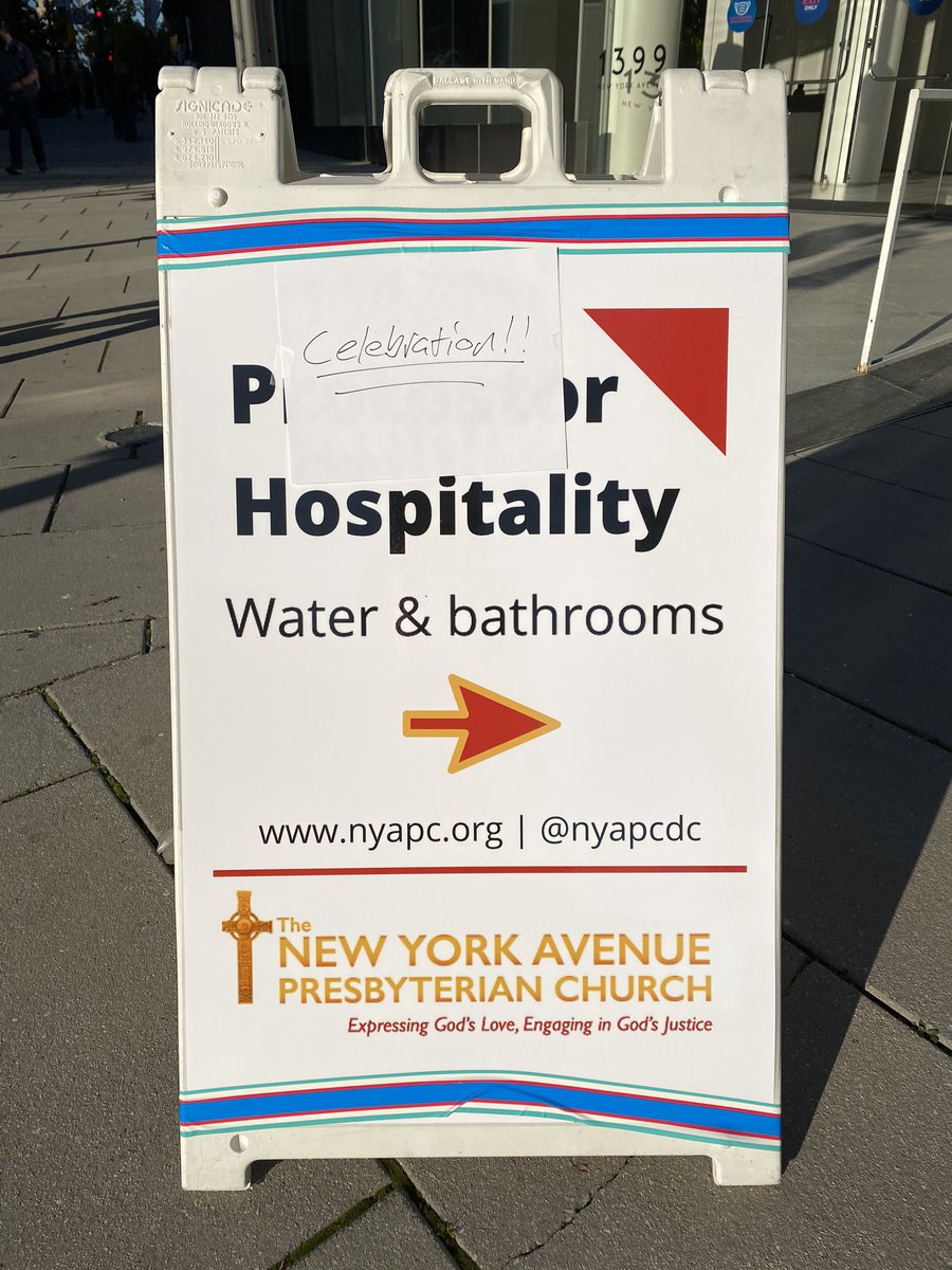 NYAPCdc's tweet photo. A joyful update to our hospitality signs! If you need a bathroom, snacks or water in downtown DC we are here until 6pm. #celebration #hospitality #election2020 https://t.co/k0YvQYYYvm