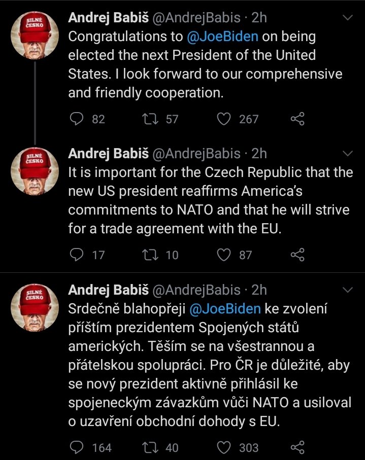 Czech PM <a href="/AndrejBabis/">Andrej Babiš</a> wearing a bootleg MAGA hat congratulates Joe Biden and tells him what to do.

Don't listen to this motherfucker. He has no say in NATO or EU, nobody respects him, his only friend is Orban.
