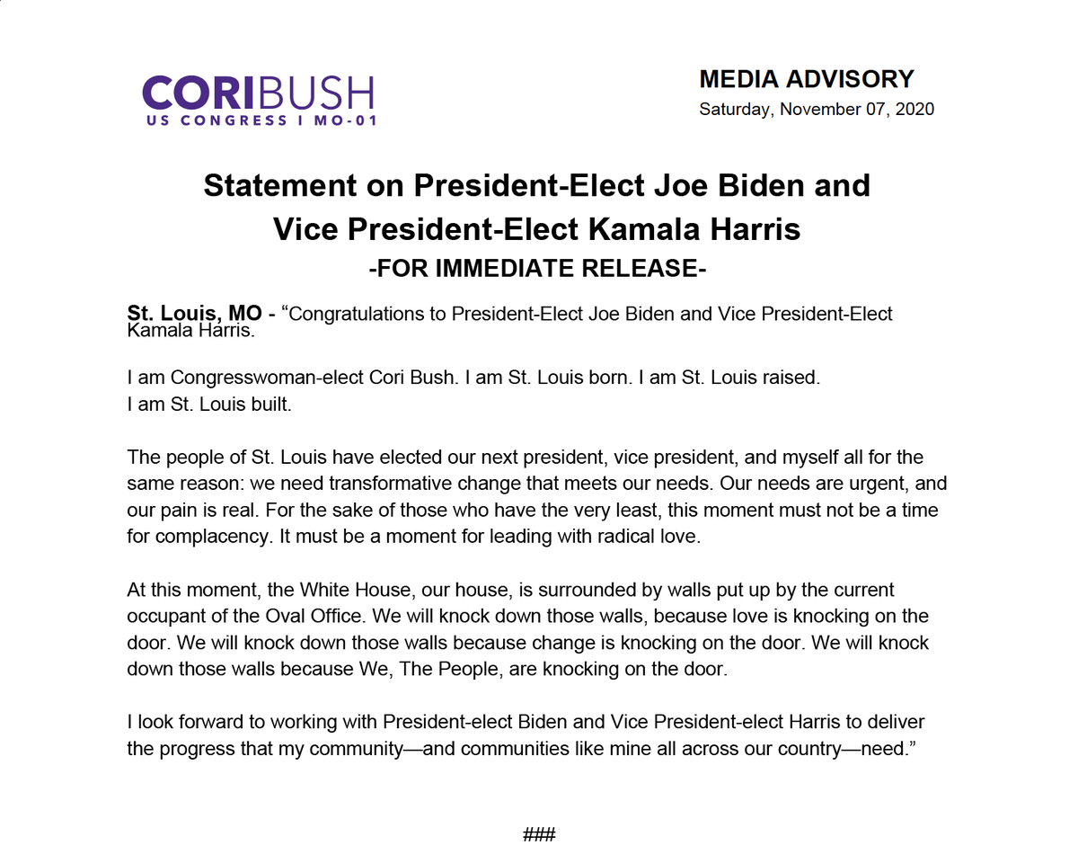 CoriBush's tweet photo. My Official Statement on President-Elect @JoeBiden and Vice President-Elect @KamalaHarris: https://t.co/L2hDBsf402