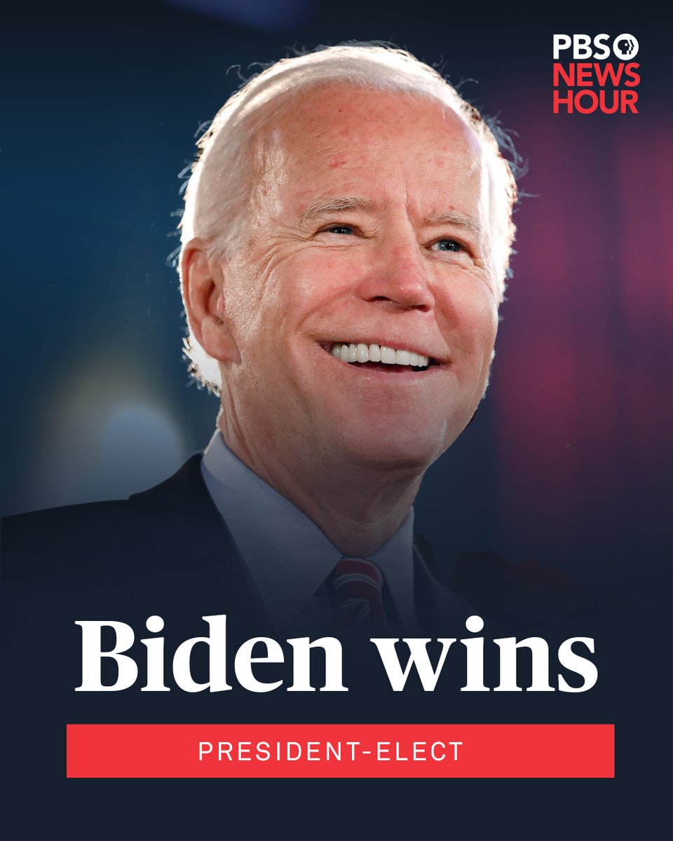 PBS's tweet photo. BREAKING NEWS: Joe Biden wins the election and will become 46th president of the United States, the Associated Press reports. #Election2020 @NewsHour https://t.co/xZkJV1d2qS