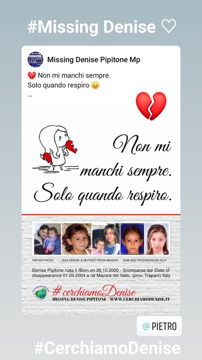 MissingDeniseMp's tweet photo. 💔 Non mi manchi sempre. Solo quando respiro 😞

#Missing Denise Pipitone 
🎀 Sito: https://t.co/j0TVpUS0gB 

#CerchiamoDenise 
#MissingDenisePipitone #DenisePipitone #disparue #desaparecida #scomparsa #rapita  #Italia #mazaradelvallo #Sicily #Sicilia #Europa #Europe #Ingiustizia https://t.co/ZOzQCkrj2f