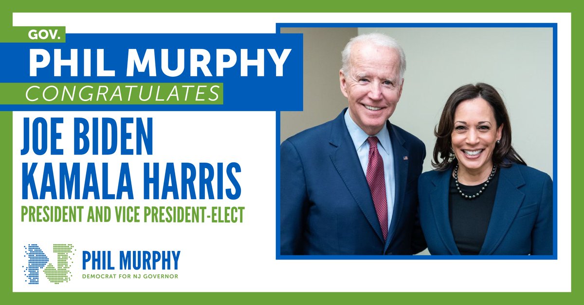 PhilMurphy's tweet image. Congratulations to @JoeBiden and @KamalaHarris on their historic victory. We elected a President who will lead with moral courage, personal conviction, and facts. It is no exaggeration to say that changing the way our country approaches this ongoing pandemic will save lives.
