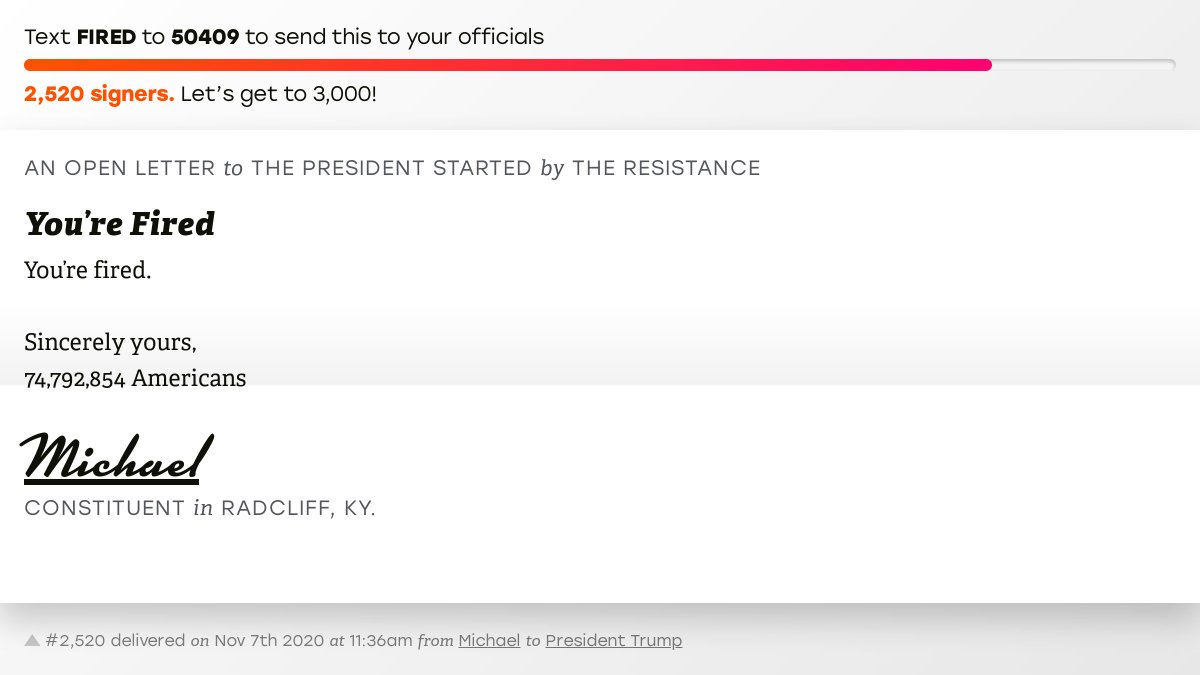 openletterbot's tweet image. 🖋 Sign “You’re Fired” and I’ll deliver a copy to your officials: 

📨 No. 2,520 is from Michael to @realDonaldTrump #KY02 #KYpol