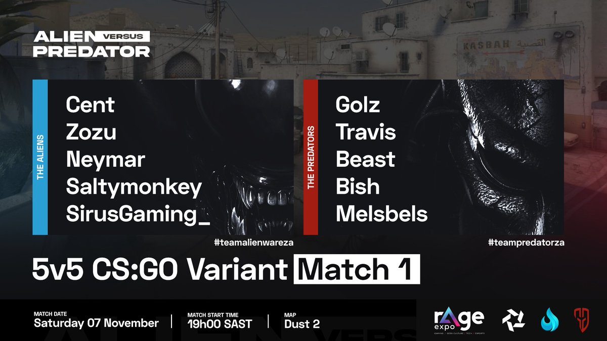 bravadogaming's tweet photo. The series is tied at 1-1 and now we're about to enter our first 5v5 Variant #CSGO Match. Tune in and watch our POV at 19h00: https://t.co/a6UCsaWhrG 

Let's go Aliens! 
#alienvspredatorza #teamalienwareza #bringthebravado #bvdalienware #alienware @DellTechZA #rageexpo2020 https://t.co/DnHNetrqqm