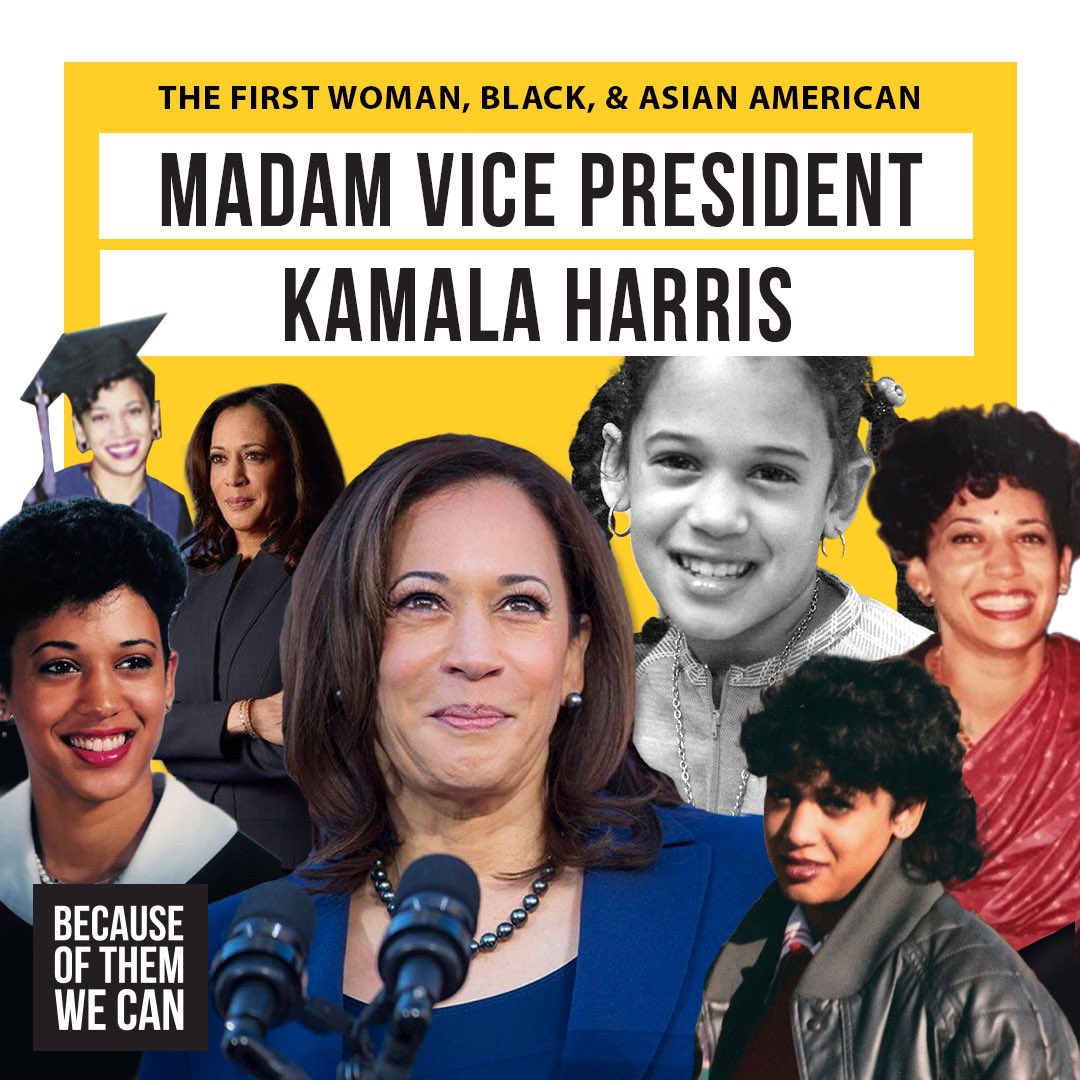 Becauseofthem's tweet photo. @JoeBiden was just declared the 46th President which makes his running mate, @KamalaHarris, the first woman, Black, and Asian American Madam Vice President! #becauseofthemwecan https://t.co/cTrGlvpWXT