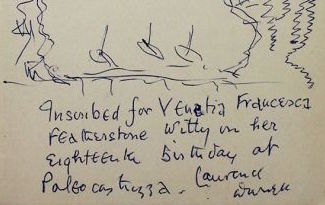 DurrellSociety's tweet photo. Inscribed for Venetia Francesca Featherstone Witty on her eighteenth birthday at Paleocastrizza.

— Lawrence Durrell

#dotd
#corfu
#prosperoscell https://t.co/rI6LvT6Rjg