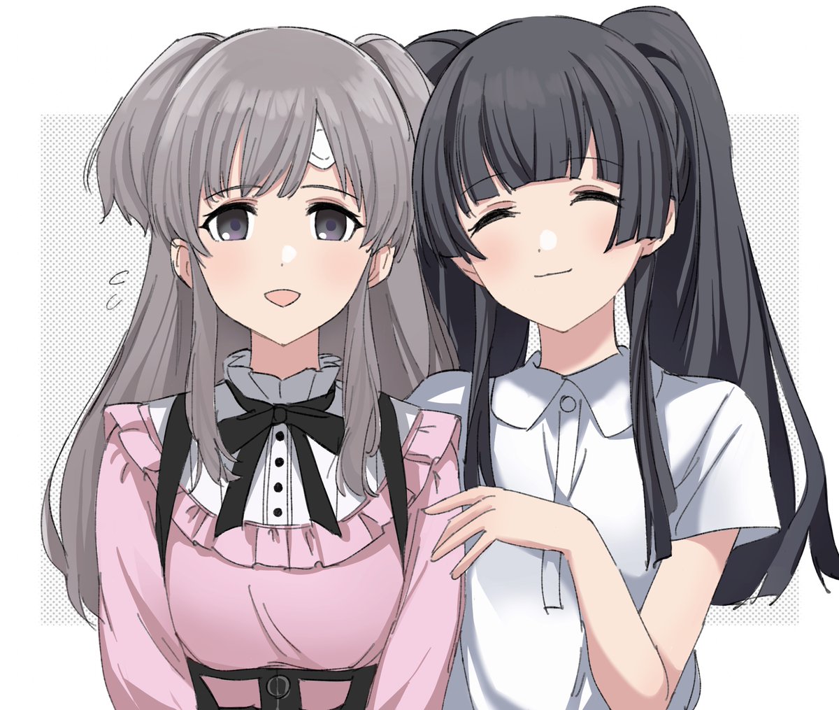 mayuzumi fuyuko ,yukoku kiriko multiple girls 2girls closed eyes black hair grey hair smile shirt  illustration images