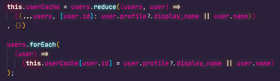sitapati's tweet photo. Someone at @unStackAfrica asked me about Array.reduce. Two ways to achieve the same thing: transform an array of user objects into a lookup dictionary of {id: name}. #unStackConf2020 https://t.co/knCsoIpnGs