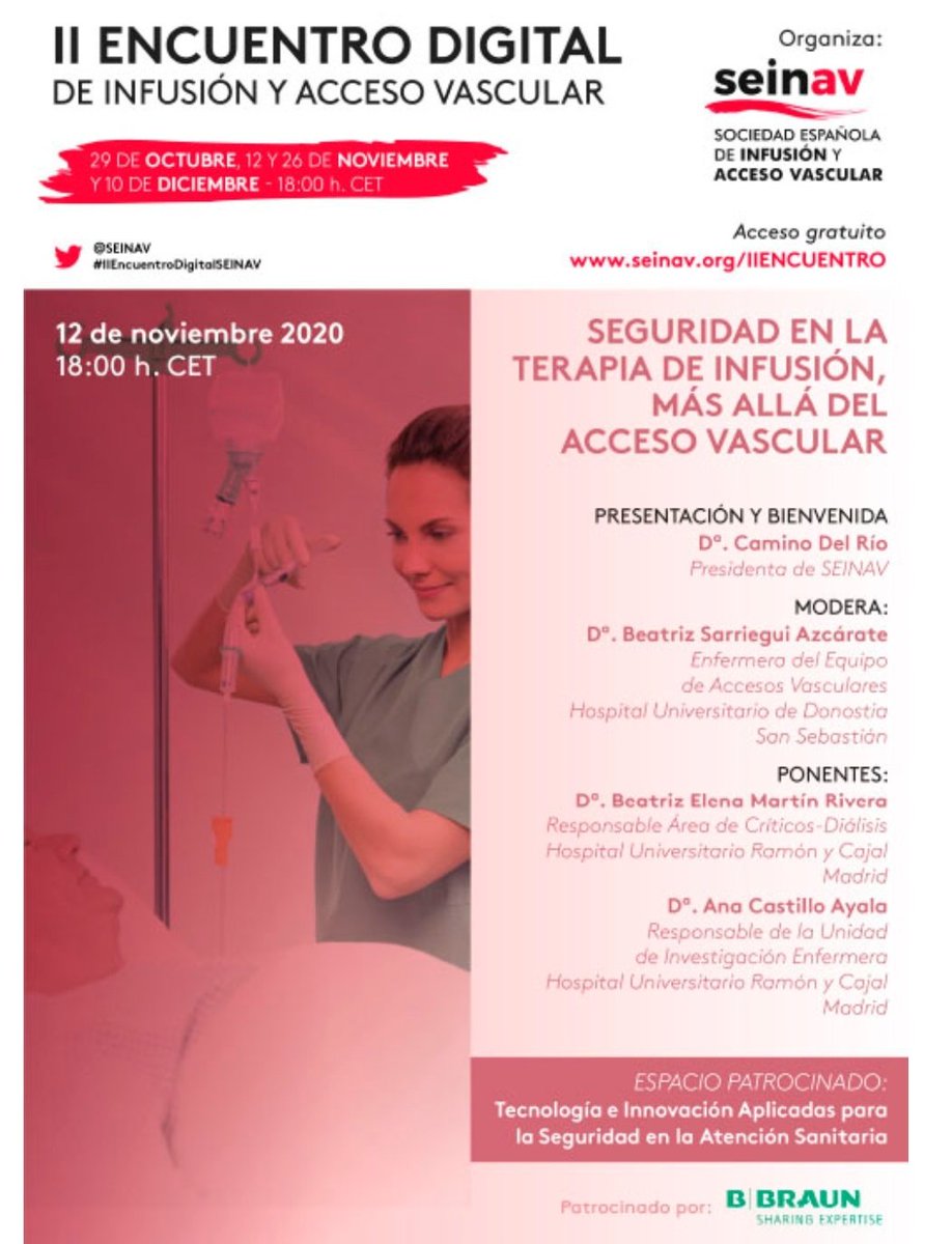 CamDR_ENF's tweet photo. #IIEncuentroDigitalSeinav
📌Jueves 12 nov. 18:00h nuevo webinar @SEINAV_ sobre tecnología y uso de equipos de sueroterapia.
⭕"Seguridad en la Terapia de Infusión, más allá del acceso vascular".
Inscripciones aquí 👇(sin costes)
https://t.co/j01PI6HZw7  
Gracias @bbraun_es https://t.co/PdJD7QdAEf