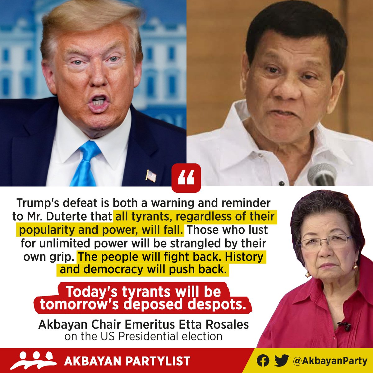 AkbayanParty's tweet photo. Akbayan congratulates the American people for defeating Donald Trump in the recently concluded US presidential election. Trump's electoral defeat is an important turning point in the global struggle to defend democracy.

Today, it is Trump. In 2022, it will be Duterte. https://t.co/uW9YaZgkG7