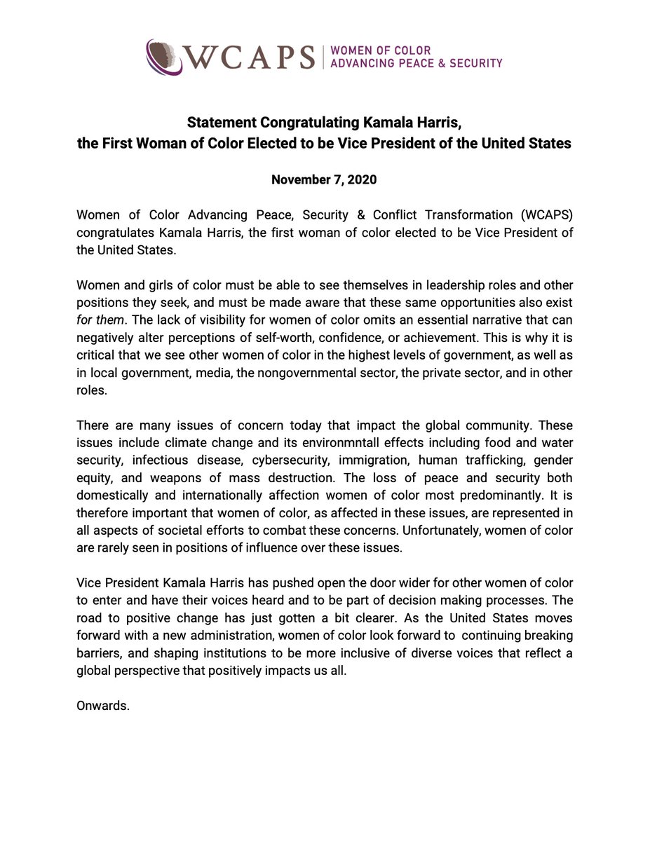 WCAPSnet's tweet image. WCAPS Statement on the election of #KamalaHarrisVP as the First Woman of Color Vice President of the United States. Wonderful! @Jenkinsbd @wcapswestcoast @Nedoushh @WCAPSinNY @WCAPSinFrance @WCAPSintheUK @MishraSylvia @Wardah_Amir
