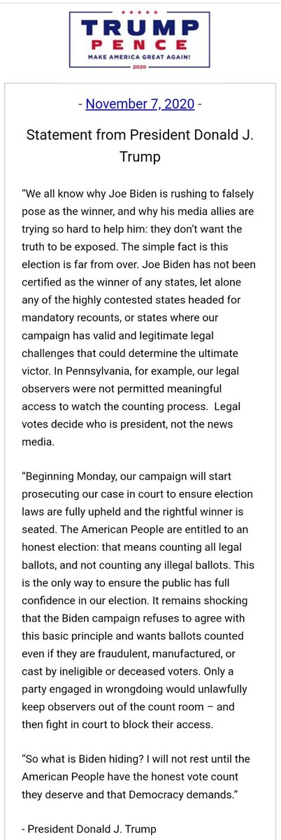 RichSementa's tweet photo. BREAKING: statement from @realDonaldTrump "I will not rest until the American People have the honest vote count they deserve and that Democracy demands.” https://t.co/COaVNpzlRR