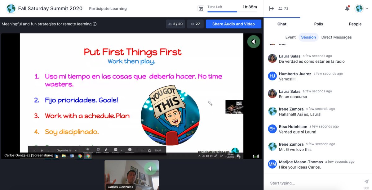KelliFinchQ's tweet photo. OMG! What a lively &amp; enthusiastic presentation about fun strategies for remote learning from @ParticipateLrng Amassador, @carlbert04! I was smiling from ear to ear the whole time (and dancing frequently). We want to be students in Mr. G's class! 😍😂🙌 #unitingourworld https://t.co/yjjqDzXBJk