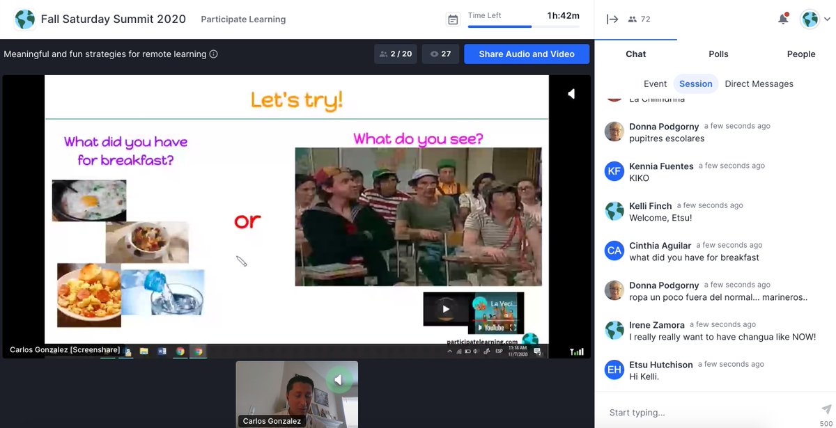 KelliFinchQ's tweet photo. OMG! What a lively &amp; enthusiastic presentation about fun strategies for remote learning from @ParticipateLrng Amassador, @carlbert04! I was smiling from ear to ear the whole time (and dancing frequently). We want to be students in Mr. G's class! 😍😂🙌 #unitingourworld https://t.co/yjjqDzXBJk