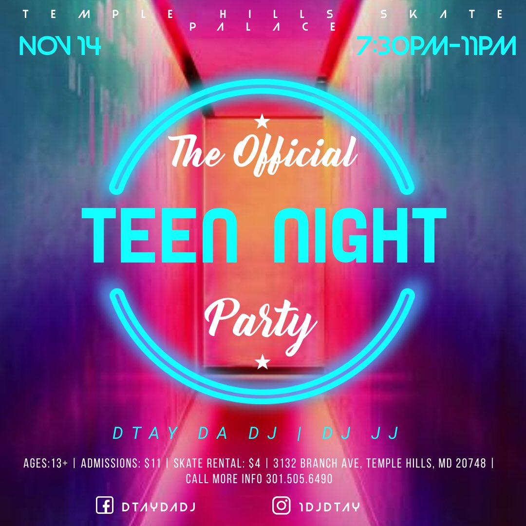1DJDTay's tweet photo. Official Teen Night Party 🔥 Our Poppin Saturday Night! Each and Every Saturday ! 

November 14, 2020 | 7:3Opm - 11:OOpm 

Sounds 🎶 by @1djdtay &amp; @show_out_dj_jj 

Ages 13 &amp; up!

Due to Prince Georges County Guidelines of COVID , face masks are mandatory inside the building https://t.co/eR7JMzK26h