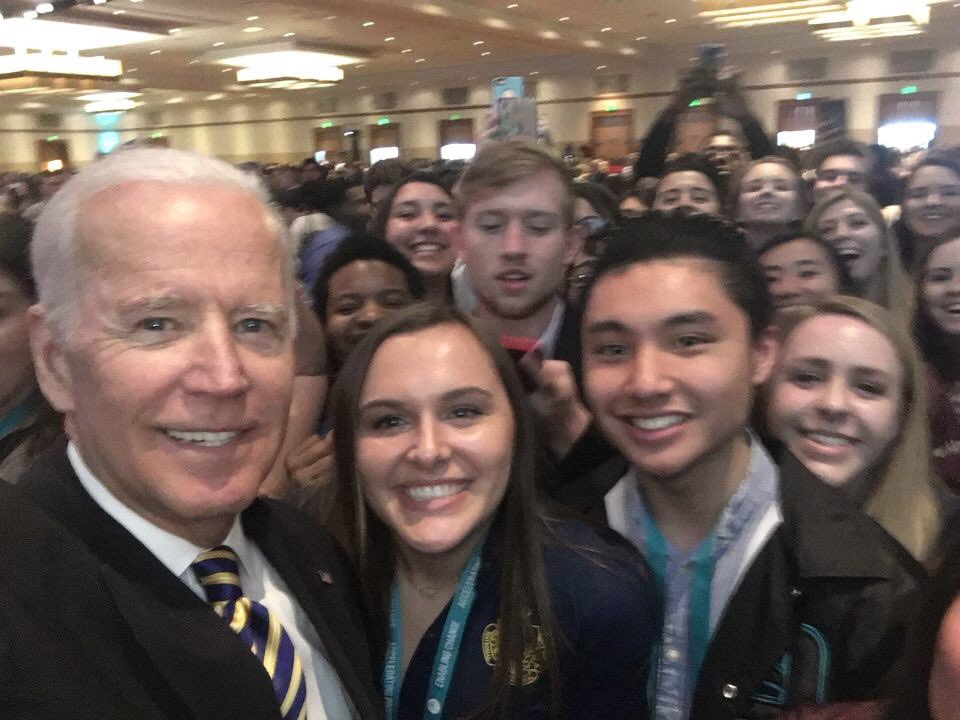 CoraSiebert1's tweet photo. In celebration of Joe Biden winning the election, here is our prized photo w the next POTUS (taken at AFLV 2018) ❤️🇺🇸 @katgal789 @kariijohnston @BayleeHudgens https://t.co/iy7XkHnCBo