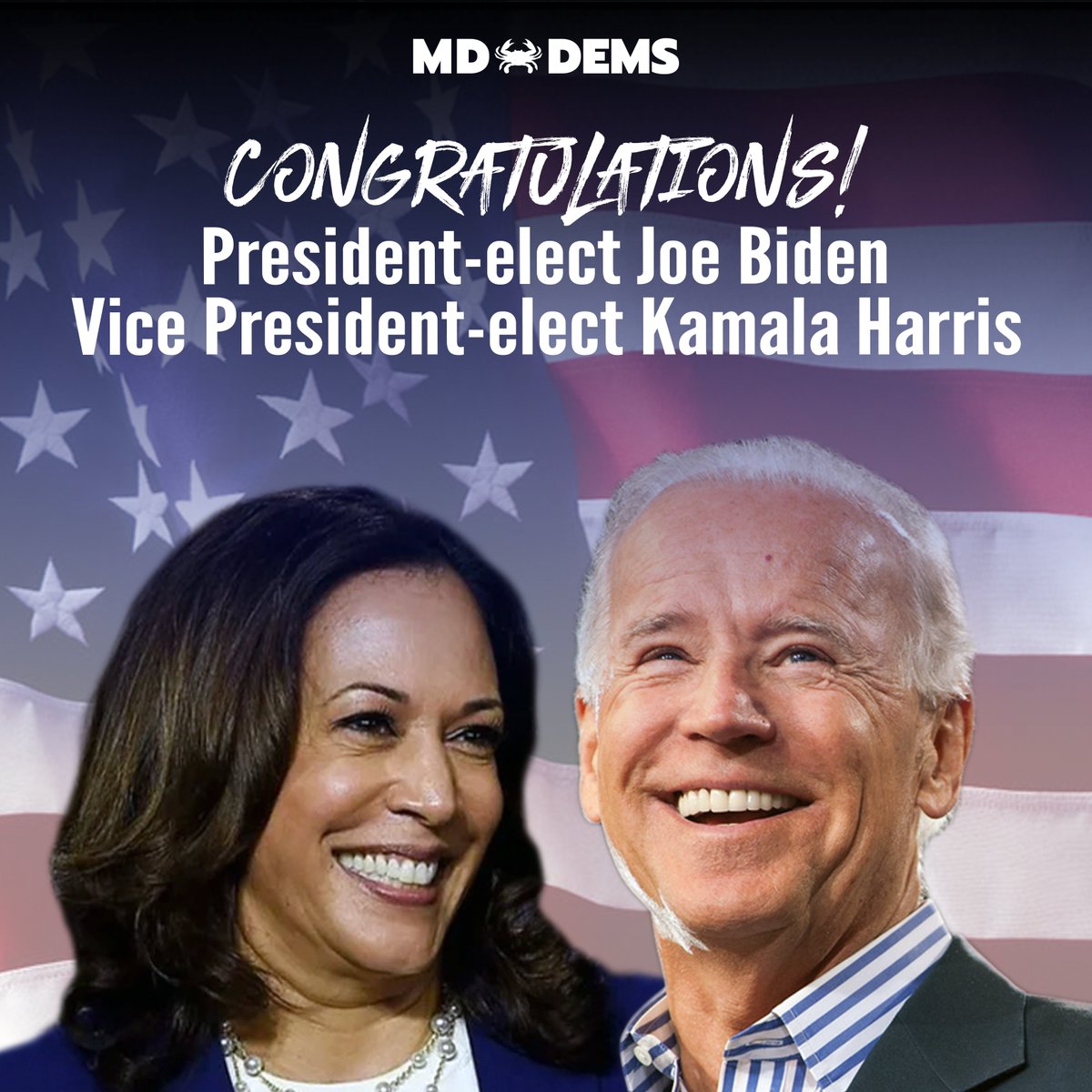 mddems's tweet photo. The people of America have spoken -- they have chosen Joe Biden and Kamala Harris to restore the soul of our nation and build back better. https://t.co/1jOUXi3NQs