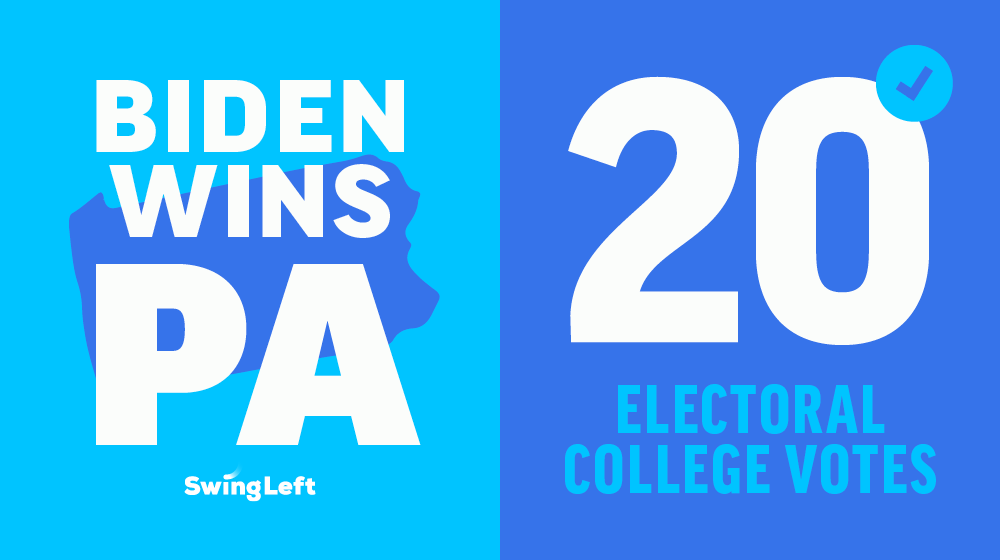 swingleft's tweet photo. .@JoeBiden, the man from Scranton, is projected to win Pennsylvania—the 2016 "tipping point" for Trump and the 2020 "tipping point" for Biden. #swingleft2020 #BidenHarris2020 #PresidentElectJoe https://t.co/2oenxlHdSW