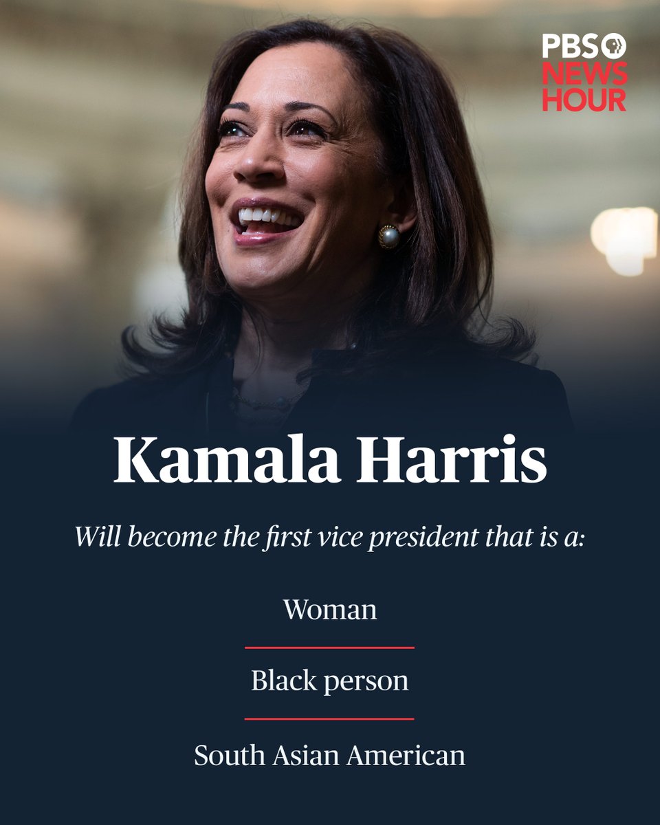 NewsHour's tweet photo. Harris will break several barriers — she will become the first woman to become vice president, and the first Black person and the first South Asian American to fill that role. (2/2) https://t.co/uXlsoj7R7F