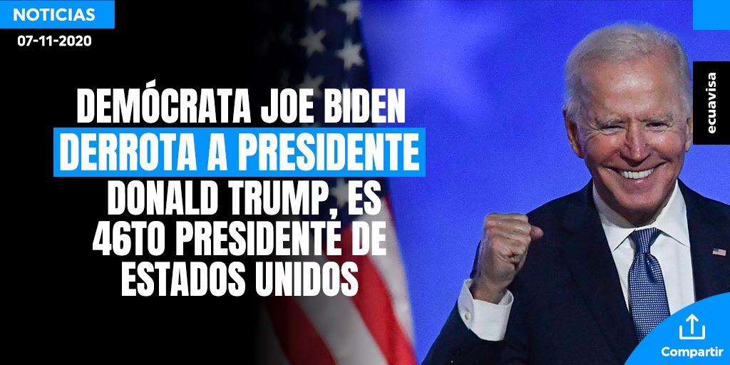 ecuavisa's tweet photo. 🔴URGENTE #JoeBiden gana las elecciones presidenciales en EE.UU. El candidato demócrata obtuvo el triunfo decisivo en el estado de Pensilvania que le otorga al menos 284 votos en el Colegio Electoral. ➡️ https://t.co/SXWicOjOFM https://t.co/iPQWaCLYkx