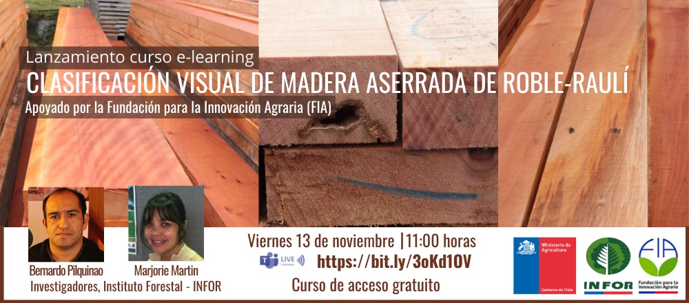 🌲 <a href="/INFOR_Minagri/">Instituto Forestal</a> y <a href="/FIA_Chile/">FIA</a> lanzan el curso e-learning gratuito "Clasificación visual de madera aserrada de Roble-Raulí", este viernes 13 de noviembre a las 11:00 vía Teams bit.ly/3oKd1OV.